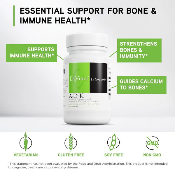 Davinci Labs ADK - Helps Support Bone, Heart & Immune Health* - Dietary Supplement with Vitamins A, D3 & K2 (As MK-7) - Vegetarian, Gluten Free &