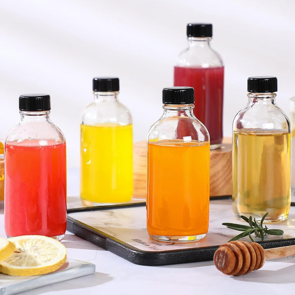 10 Pack, 4 oz Small Clear Glass Bottles w/Lids & 3 Stainless Steel Funnel - 120ml Boston Round Sample Bottle for Potion, Juice, Ginger Shot,