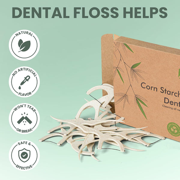 Natural Dental Floss Picks 75 Pack – Organic Biodegradable Floss Sticks with Strong Bamboo Charcoal Thread & Vegan Cornstarch Handle – No