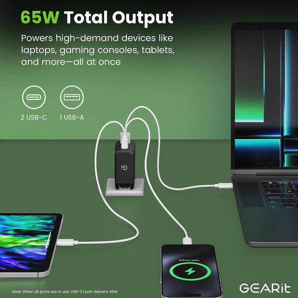 GEARit 65W USB C Charger Block, GaN 3-Port Foldable Fast Wall Charger | Type-C PD 3.0 & PPS fast charging, 2 USB-C + 1 USB-A, for MacBook Pro/Air,