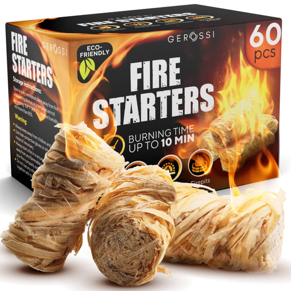 Fire Starter - Natural Pine Fire Starters for Fireplace, Campfires, Grill, Wood & Pellet Stove, Chimney, Fire Pit, BBQ, Smoker - 60 Pack W/10 Min