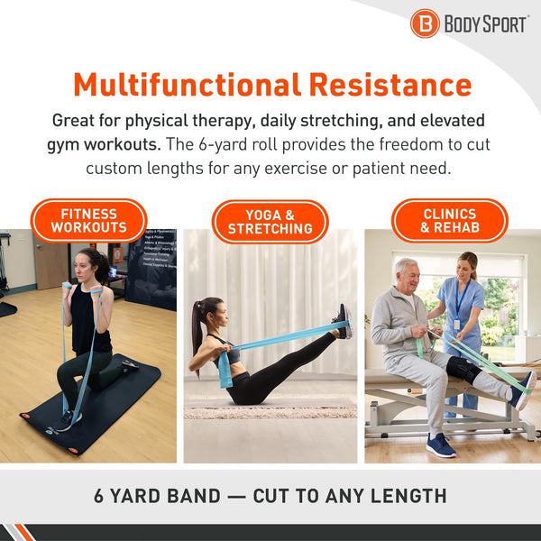 Body Sport Exercise Band, 5 in. x 6 yd., Light Blue, Resistance – Professional Bands for Home Fitness & Gym Exercises Workout Rehab Equipment