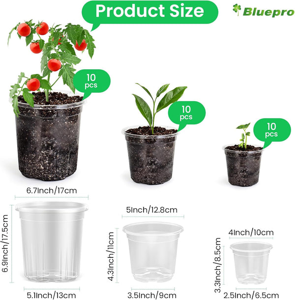 Bluepro 36 Packs 5/4/3.5 Inch Reinforced Clear Nursery Pots with Drainage Hole, Transparent Variety Pack Plastic Plant Pot Seedling Planter for