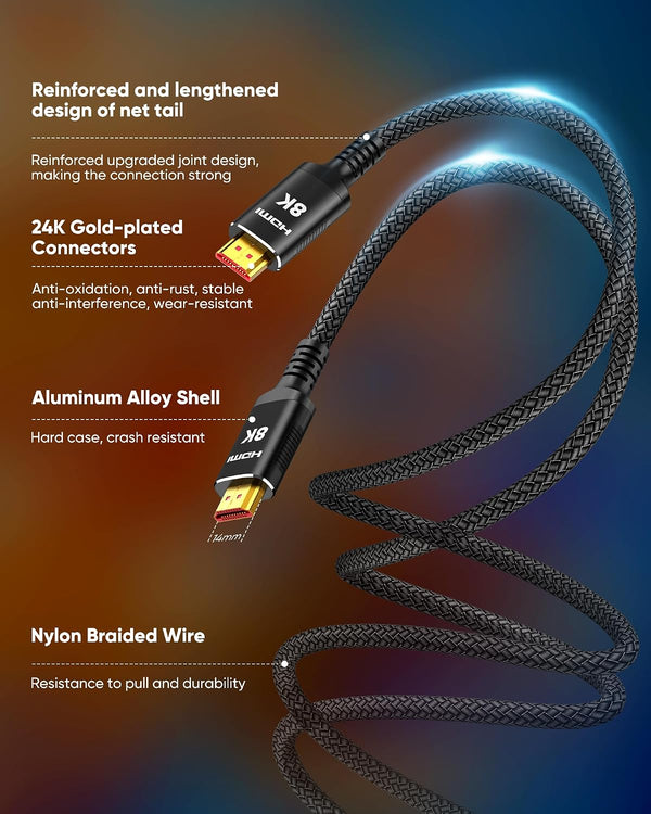 Snowkids 8K HDMI Cable 10ft, Certified 2.1 UHD [4K & Ethernet Support] 10feet Black 1