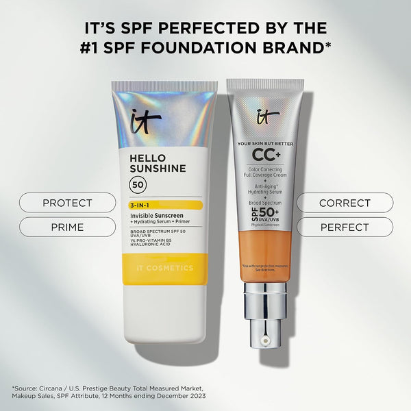 IT Cosmetics Hello Sunshine Hydrating Sunscreen SPF 50 (1.69 fl oz) | 3-in-1 Daily Face Sunscreen + Hydrating Serum + Makeup Primer - No White