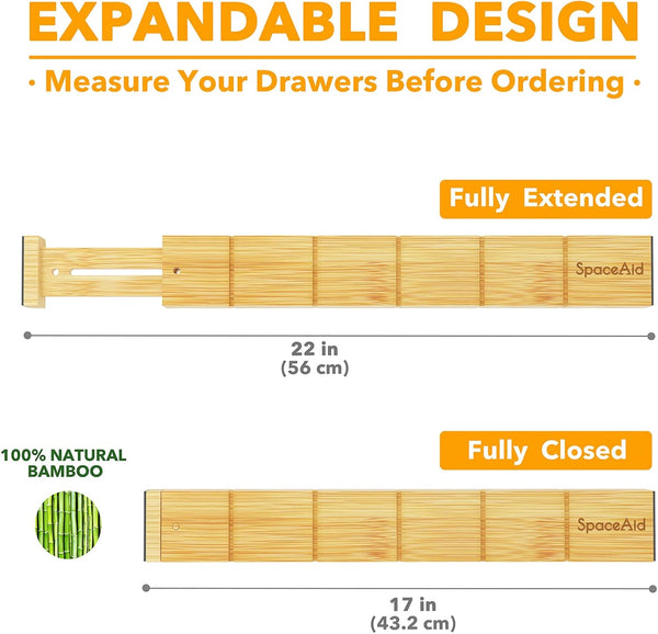 SpaceAid Bamboo Drawer Dividers with Inserts and Labels, Kitchen Adjustable Drawer Organizers, Expandable Organization for Home, Office, Dressers,