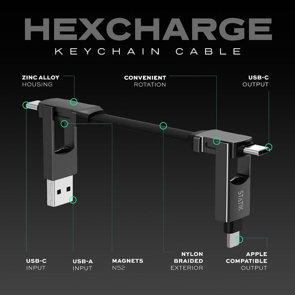 Statik Hexcharge Keychain Charger Cable - Portable 4 in 1 Charging Cable Key Ring, 60W Fast Charging, Universal Multi Charging, Compatible with