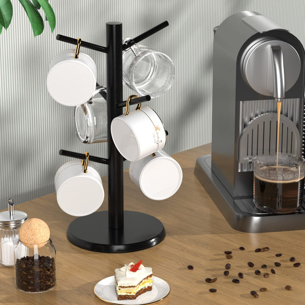 Bamboo Coffee Mug Tree Holder with 6 Hooks, Cup Stand for Countertop, Black