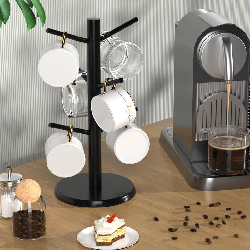 Bamboo Coffee Mug Tree Holder with 6 Hooks, Cup Stand for Countertop, Black