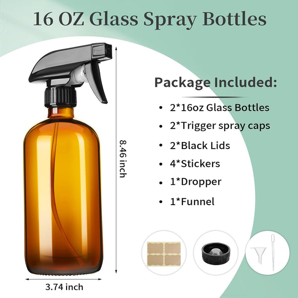 GIVAMEIHF 16oz Amber Glass Spray Bottles,2 Pack Glass Spray Bottles Refillable Empty Bottle with Adjustable Nozzle,Spray Bottle for Essential