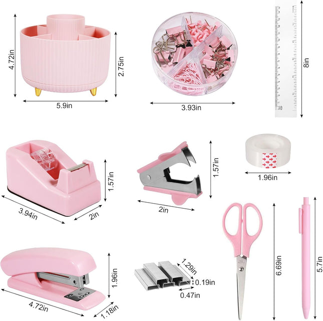 Pink Desk Organizers and Accessories 10Pcs Set with 360-Degree Rotating Pen Hold