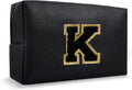 Personalized Small Preppy Makeup Bag, Chenille Letter Black Initial Cosmetic Zipper Pouch Toiletry Organizer, Waterproof PU Leather Make Up