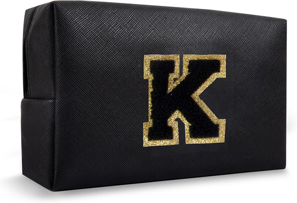 Personalized Small Preppy Makeup Bag, Chenille Letter Black Initial Cosmetic Zipper Pouch Toiletry Organizer, Waterproof PU Leather Make Up