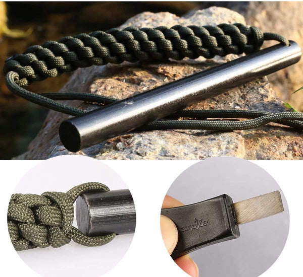 6" Survival Ferro Rod Drilled Flint Fire Starter and Striker Kit | 1/2 x 6 Inches Large with Striker-Pro Striker Paracord Landyard Handle for