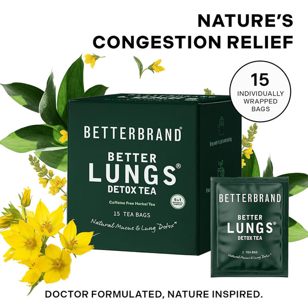Betterbrand Mullein Tea Bags for Lung Detox - Respiratory Support with Thyme, Elderberry, Ginseng, Ginger, Caffeine Free Herbal Blend - 15 Tea