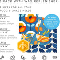 Honeybee Beeswax Wraps - Kitchen Starter Pack with Wax Replenish Block - Certified Organic Cotton Beeswax Wrap - Reusable Beeswax Food Wrap - 3