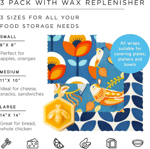 Honeybee Beeswax Wraps - Kitchen Starter Pack with Wax Replenish Block - Certified Organic Cotton Beeswax Wrap - Reusable Beeswax Food Wrap - 3