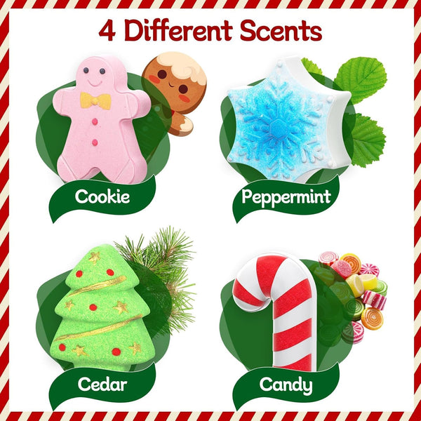 SeasonBliss Christmas Bath Bombs Set, Shower Bombs, Stocking Stuffer, 4 PCS Handmade Bubble Bath with Gingerbread & Christmas Tree & Candy Cane &