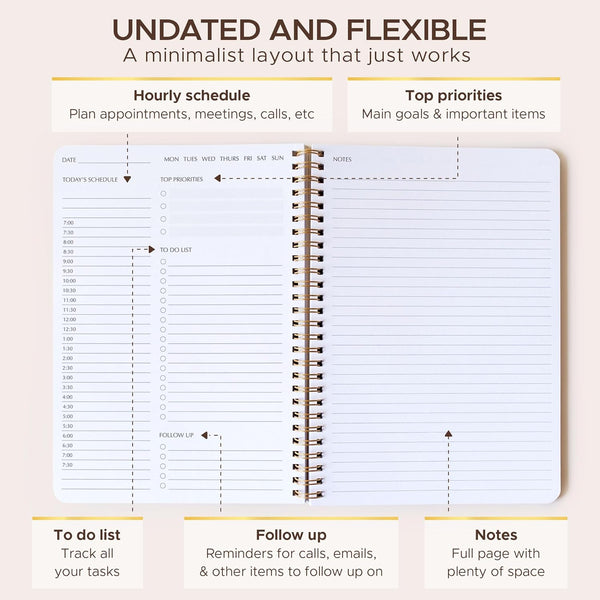 Simple Daily Planner Undated with Hourly Schedule - 6.5X9.25" Sage Green Day Planner & Spiral to Do List Notebook - Aesthetic and Cute Work