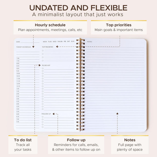 Simple Daily Planner Undated with Hourly Schedule - 6.5X9.25" Sage Green Day Pla