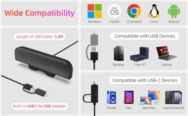 Computer Speakers for Desktop PC, Monitor Speakers, USB Plug-In, Wired, External Speaker for Laptop, Small Computer Soundbar for PC, with Loud