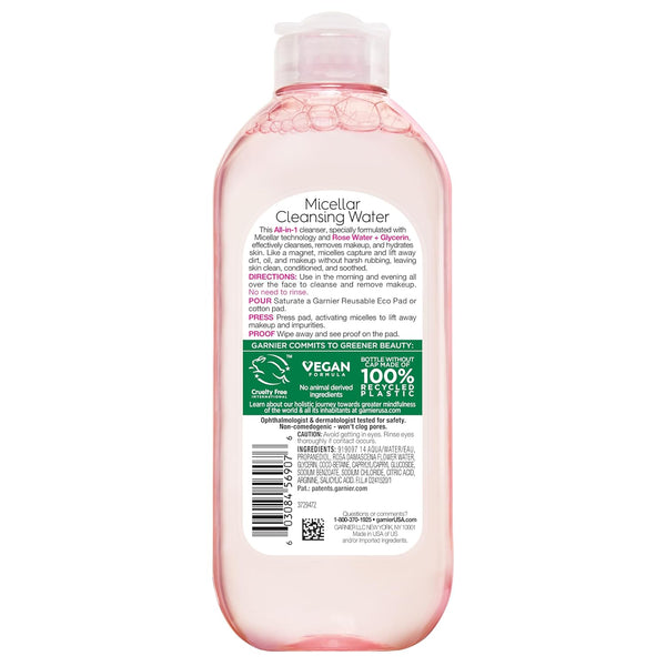 Garnier Micellar Water with Rose Water and Glycerin, Hydrating Facial Cleanser & Makeup Remover, For All Skin Types, Vegan, Cruelty Free, 13.5 Fl