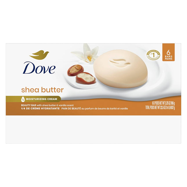 Dove Beauty Bar Soap Shea Butter, 6 Bars for Nourished, Radiant Skin, Enriches S