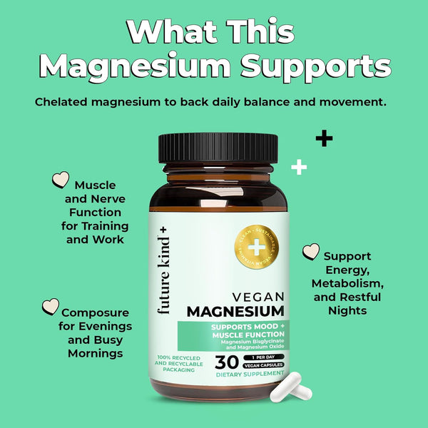 Future Kind Vegan Chelated Magnesium Supplement - Most Bioavailable & 6X More Potent Magnesium Capsules - Supports Sleep, Energy & Muscle