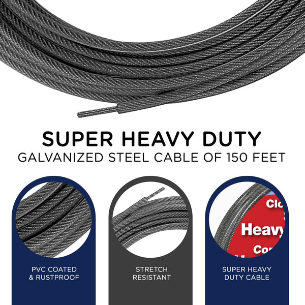 Strata 150 Feet Clothesline, Silver PVC Coating | Outdoor Heavy Duty, Galvanized Wire Steel Cable, For Outside Laundry Drying 150 Feet Silver