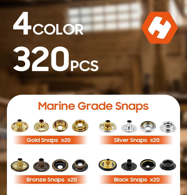 Snap Tool for Boat Covers, Heavy Duty Snap Fastener Tool, Snap Installation Tool with 320 PCS 4 Color 15Mm Metal Snaps f