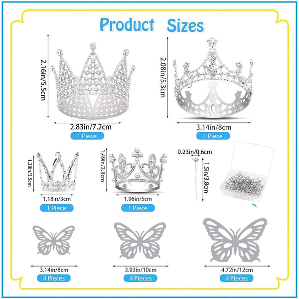 Flower Bouquet Accessories Including 4Pcs Crown Cake Topper Mini Tiara,12 Butterfly Decorations and 50Pcs Bouquet Pins for Birthday Wedding Silver