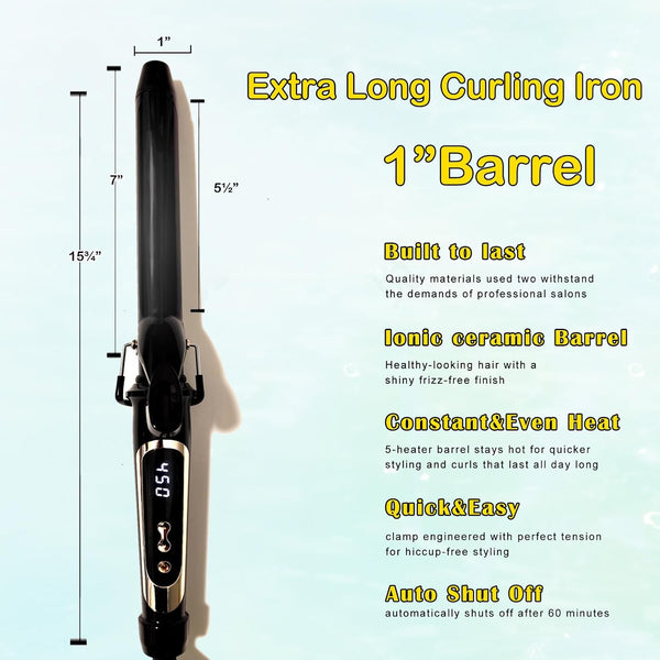 Abp 1 Inch Curling Iron Extra Long Barrel with Ceramic Coating for Long/Medium Hair,Led Display Instant Heat up to 450ÃÂ°F with Clamp,Hair Waving