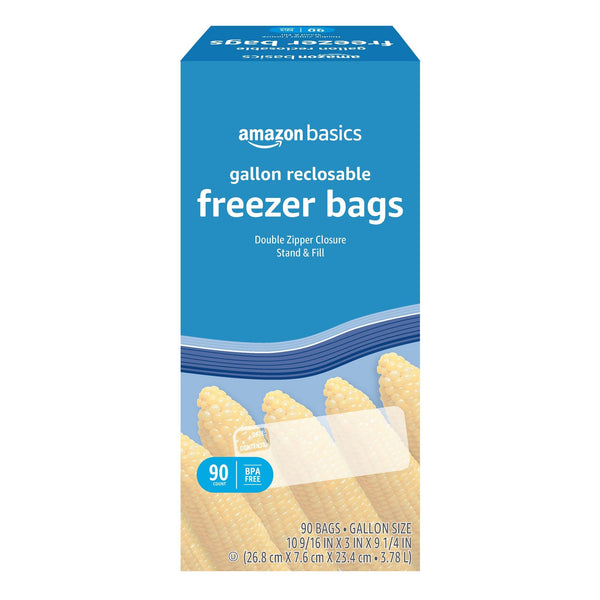 Amazon Basics Reclosable Freezer Gallon Size Bags with Double Zipper Seal, Stand-Up Bottom, BPA Free, 90 Count (Previously Solimo) Gallon (90 Count)