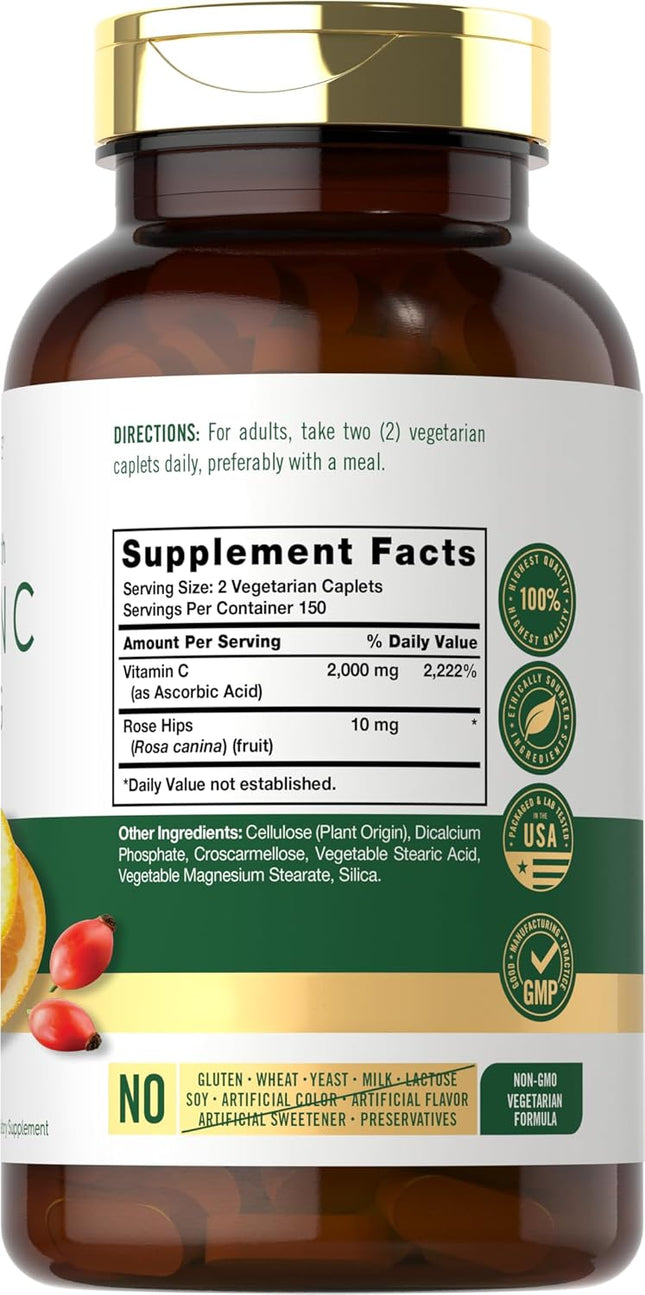 Carlyle Vitamin C 1000Mg | 300 Vegetarian Caplets | Ascorbic Acid with Wild Rose
