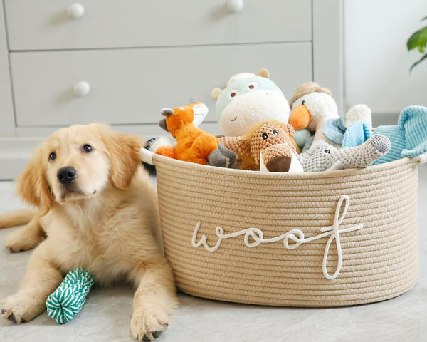Woof Woven Rope Storage Baskets, Pet Dog Toy Bin Box Perfect for organizing Chew Toys Blankets leashes, Dog Toy holder Cotton Basket Puppy Bins beige