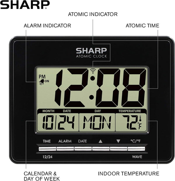 Sharp Atomic Digital Alarm Clock | Auto Set, Time Display, Date Display, Temperature Display