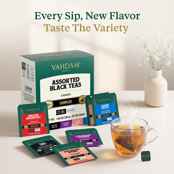 VAHDAM Assorted Black Tea Bag Sampler(5 Flavors, 15 Pyramid Teabag)Tea Gift Black Tea Assortment 20 Count (Pack of 1)