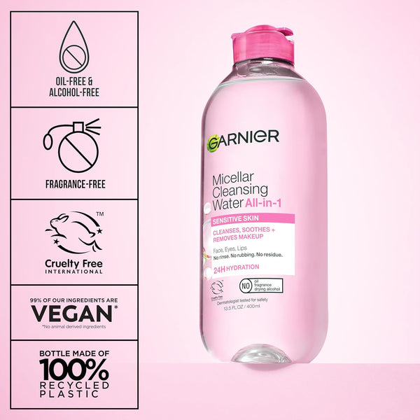 Garnier Micellar Water, Hydrating Facial Cleanser & Makeup Remover, Suitable for Sensitive Skin, Vegan, Cruelty Free, 13.5 Fl Oz (400Ml), 1 Count