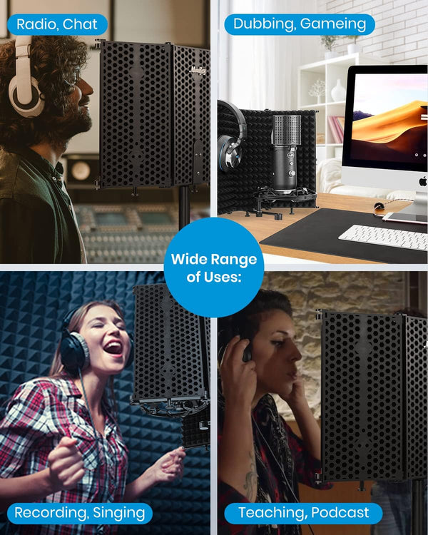 Moukey Microphone Isolation Shield, Foldable Mic Shield with Triple Sound Insulation, Reflection Filter with 3/8" and 5/8" Mic Threaded Mount for