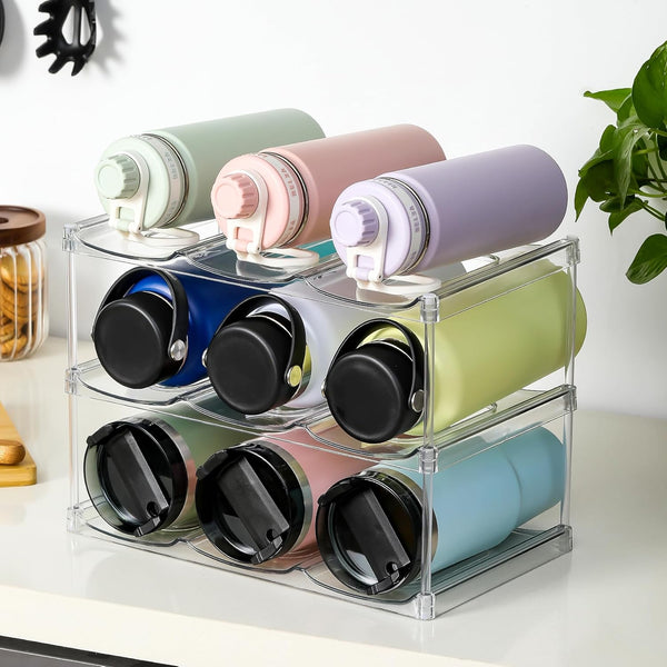 LARGER Compartment - Stackable Water Bottle Organizer Holder - for Stanley & Others' Large Tumbler - Clear Wine Rack, Cup Bottle Holder for