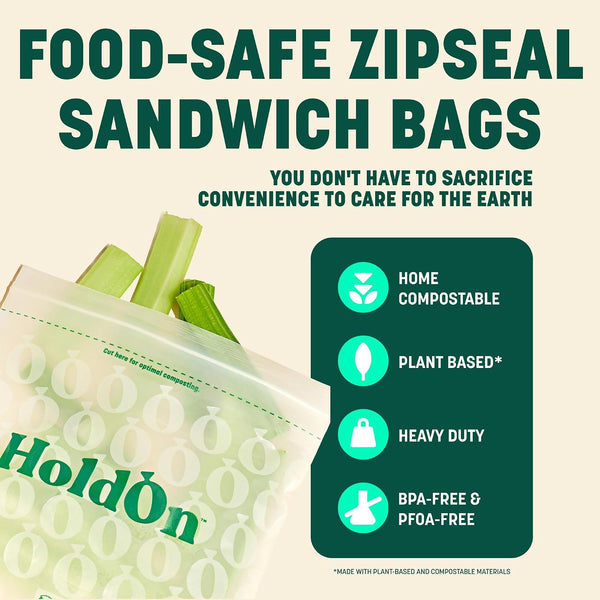 HoldOn Compostable Zip Lock Sandwich Bags, 200 Bags - Leak Proof Sandwich Size Storage Bags for Travel & Kitchen Meal Prep & On-The-Go Snacks -