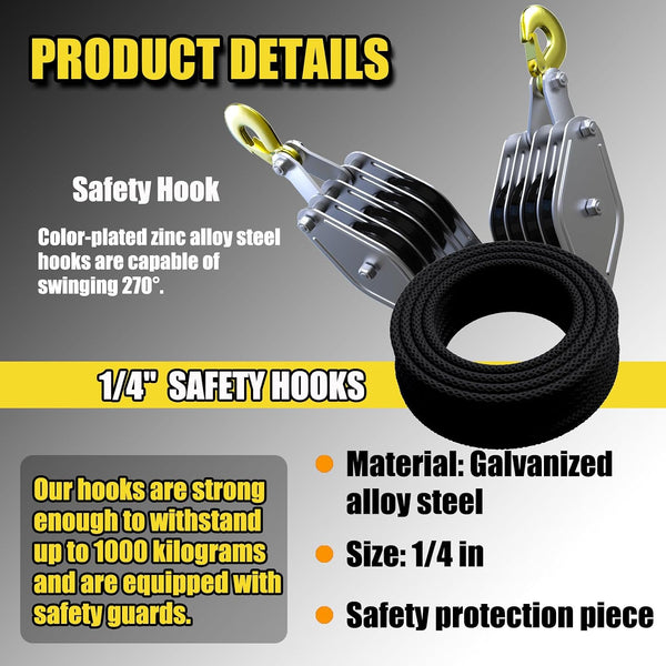Block and Tackle 4400LBS Breaking Strength Heavy Duty Pulley Hoist, 65 Ft Rope, 7:1 Lifting Power, 2 Pcs 8 Ft Lift Sling (Black)