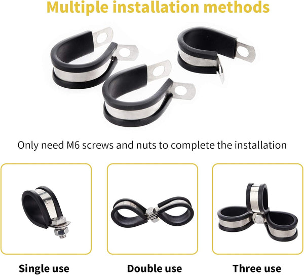 60pcs Wire Clamps Assortment Kit, Stainless Steel 304 Rubber Cushion Cable Clamps Assorted in 7 Sizes 1/4'' 5/16'' 3/8'' 1/2'' 5/8'' 3/4'' 1'',
