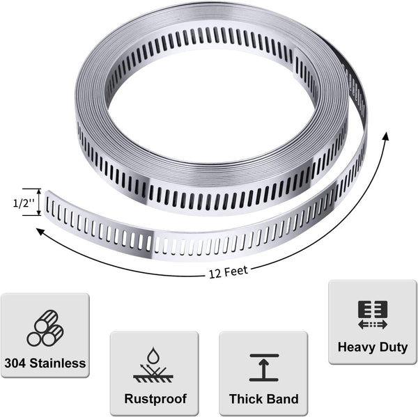 304 Stainless Steel Hose Clamp Assortment Kit DIY, Cut-To-Fit 12 FT Metal Strap+8 Stronger Fasteners,Large Adjustable Worm Gear Band Hose Clamps