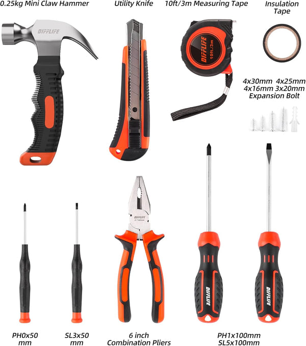 Tool Sets Household Tool Kit, 14-Piece General Home/Auto Repair Tool Set with Hammer, Pliers, Screwdriver Set and Toolbox Storage Case - Perfect