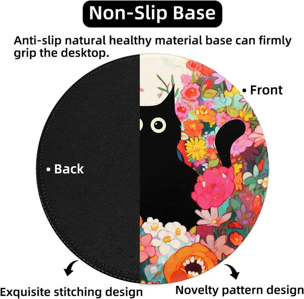 Black Cat Flower Small Mouse Pad, Cute Aesthetic Anime Mousepad with Non-Slip Rubber Base, Round Mouse Pads for Desk Accessories Laptop Gaming