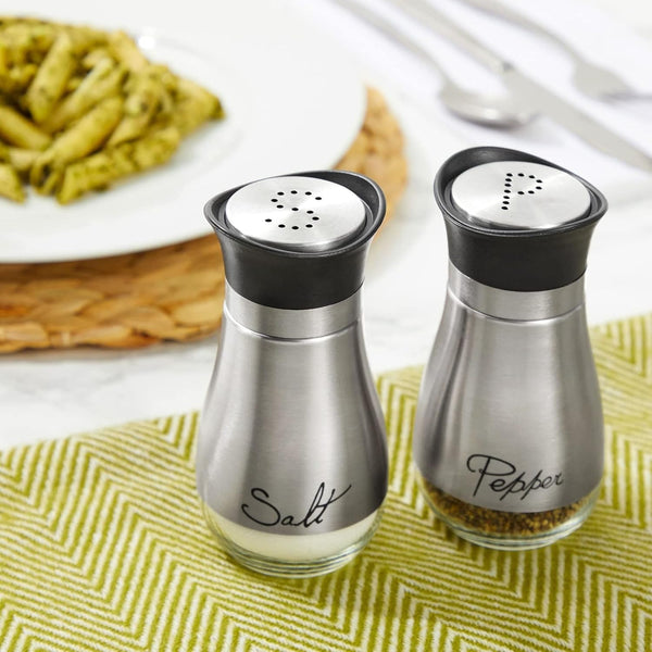 Stainless Steel Salt and Pepper Shaker Set with Glass Bottom, Perforated "S" and "P" Caps - Modern Kitchen Counter Decor (4oz) 4 Inch