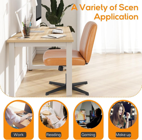 DUMOS Criss Cross Chair No Wheel Legged Office Wide Comfy Desk Vanity Chair, Armless Computer Task Seating PU Leather, Swivel Home Height