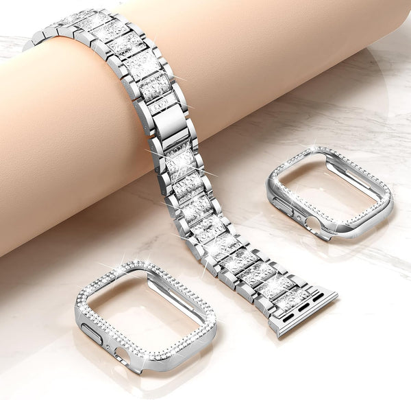 Mosonio Compatible with Apple Watch Band 38mm 40mm 41mm 42mm 44mm 45mm 46mm 49mm with 2 Pack Case Women, Jewelry Replacement Metal Bands Strap
