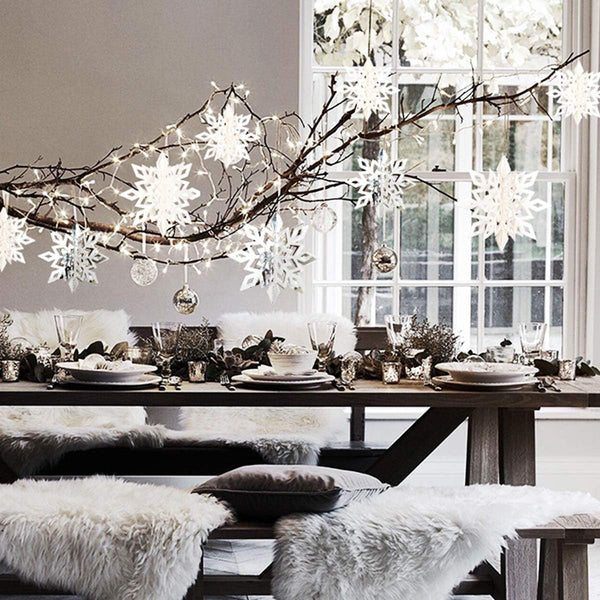 OuMuaMua Winter Christmas Hanging Snowflake Ornaments, 12PCS Snowflakes Garland & 12PCS 3D Glittery Large White Snowflake for Xmas Winter